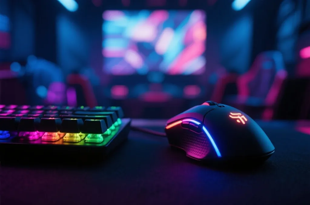 Professional RGB mechanical keyboard and gaming mouse in a futuristic gaming arena