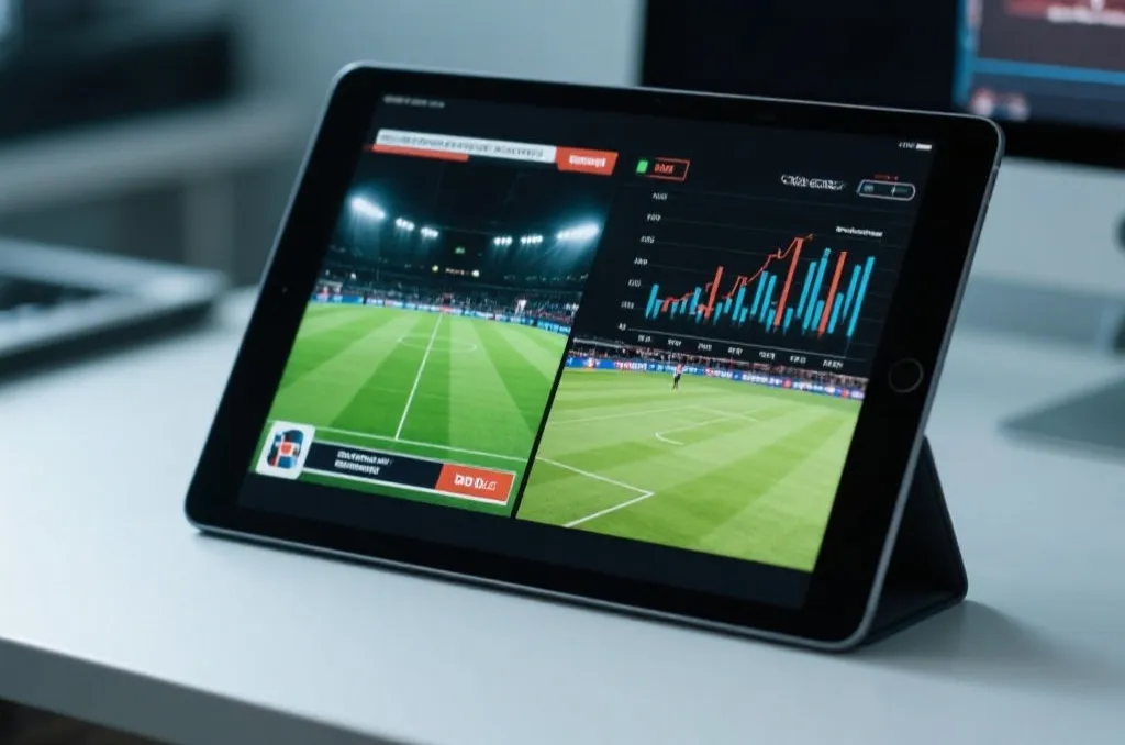 A modern tablet resting on a clean desk, displaying split-screen live sports broadcasts with graphs, cinematic lighting